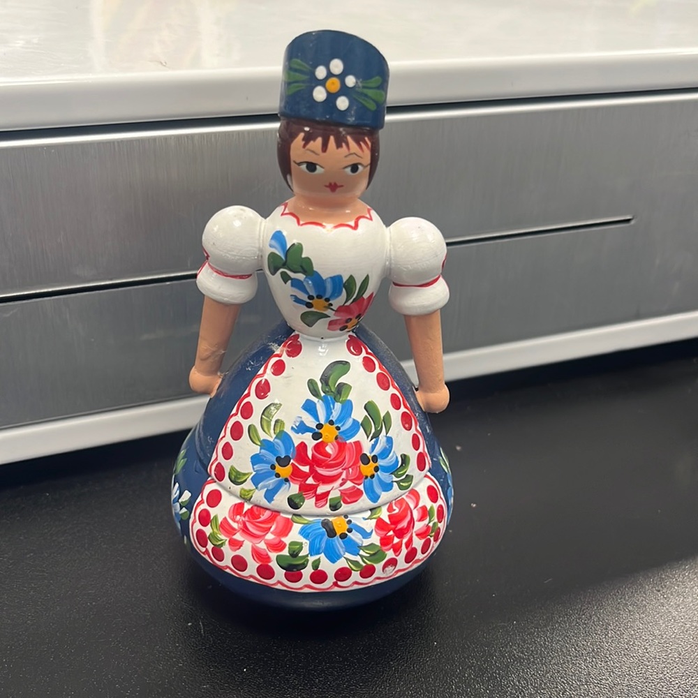 Hungarian Folk Art Hand Painted Wooden Doll Trinket Box Traditional